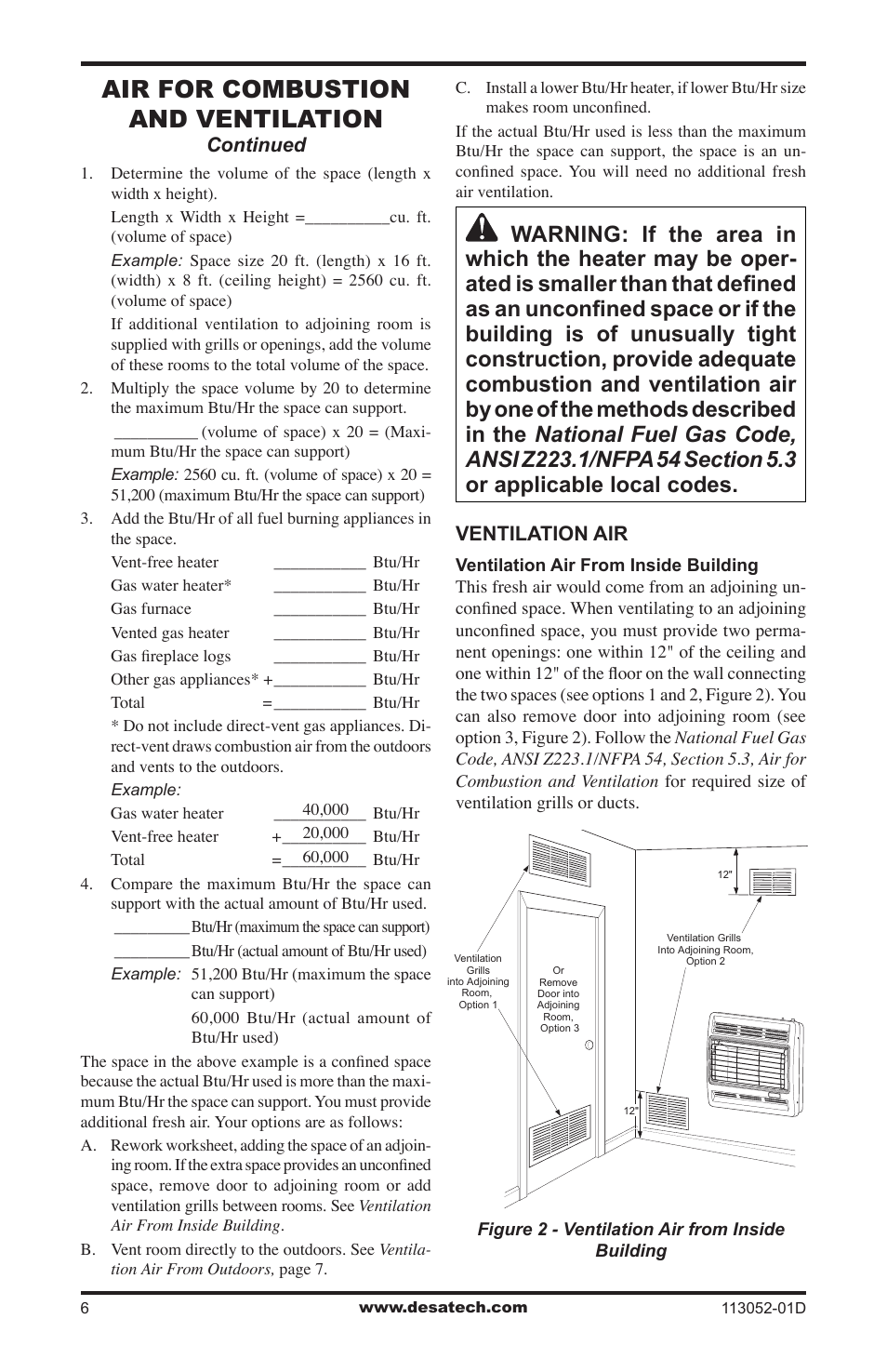 Air for combustion and ventilation | Desa VP26TA VN30A User Manual | Page 6 / 36