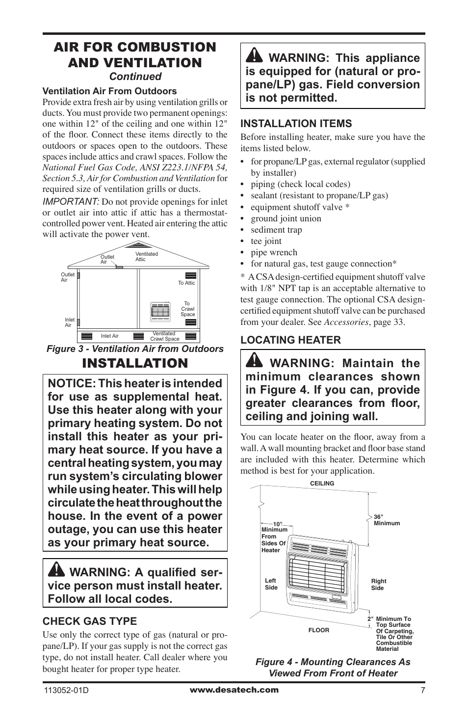 Installation, Air for combustion and ventilation | Desa VP26TA VN30A User Manual | Page 7 / 36