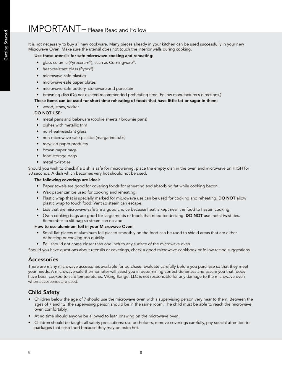 Important, Accessories, Child safety | Please read and follow | Viking 24 Inch Countertop Microwave Oven Use and Care User Manual | Page 10 / 88