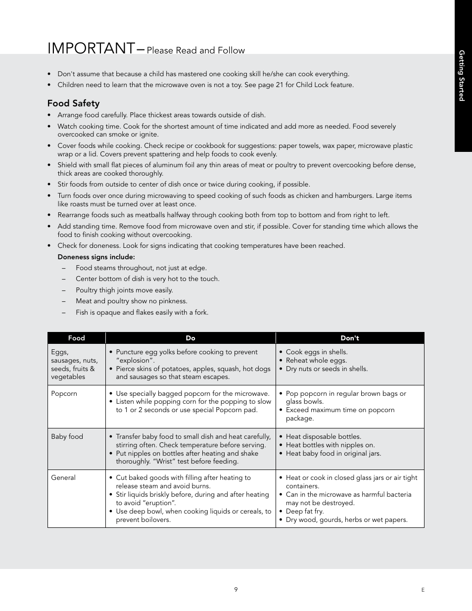 Important, Food safety, Please read and follow | Viking 24 Inch Countertop Microwave Oven Use and Care User Manual | Page 11 / 88