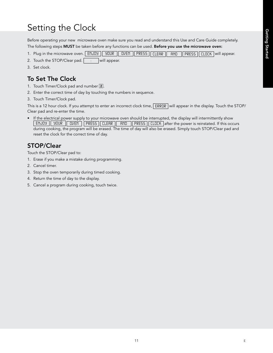 Setting the clock, Stop/clear | Viking 24 Inch Countertop Microwave Oven Use and Care User Manual | Page 13 / 88