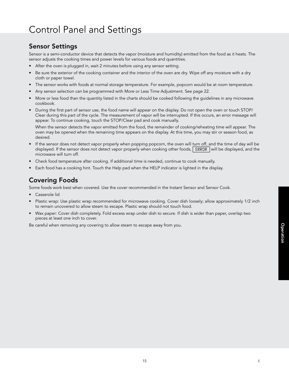 Control panel and settings, Sensor settings, Covering foods | Viking 24 Inch Countertop Microwave Oven Use and Care User Manual | Page 17 / 88