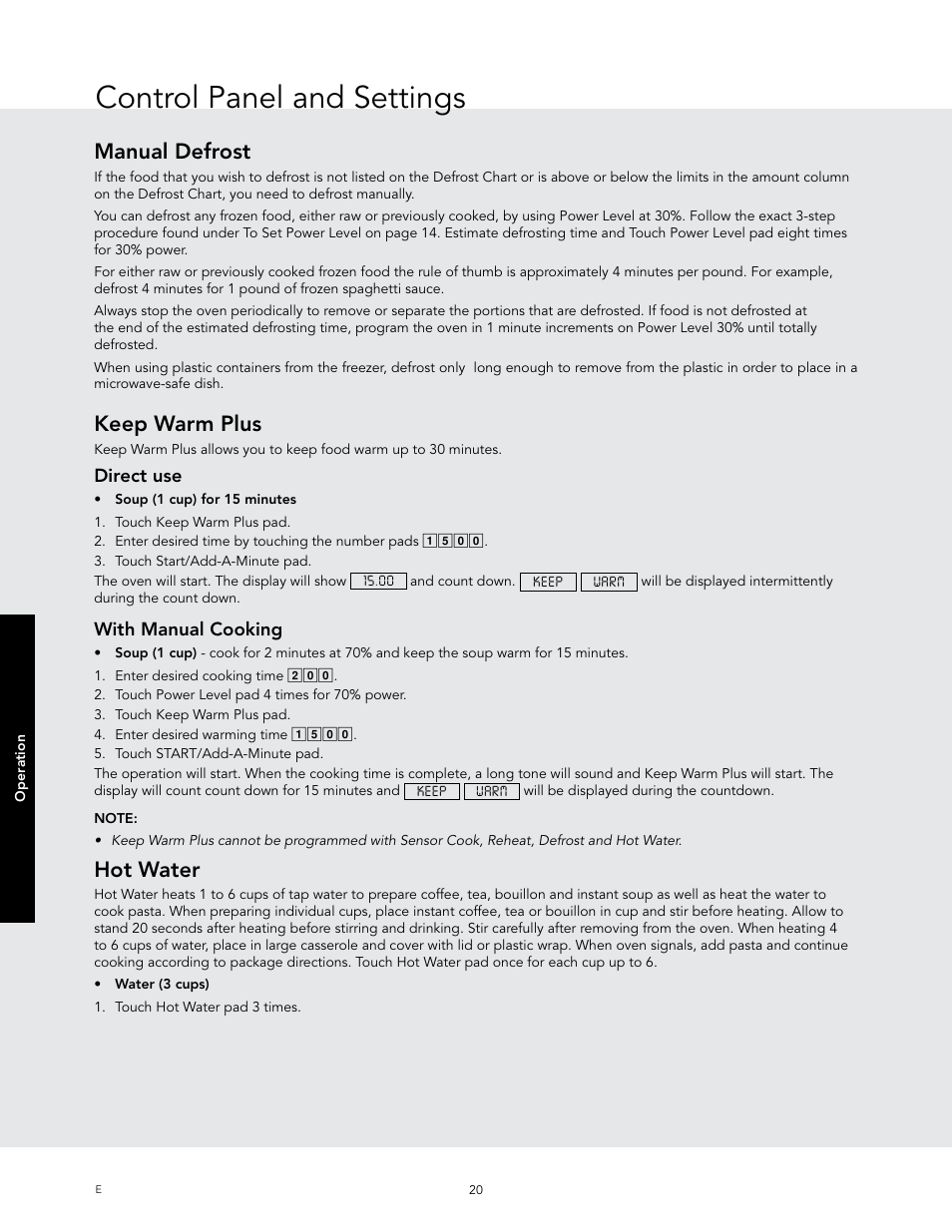 Control panel and settings, Manual defrost, Keep warm plus | Hot water | Viking 24 Inch Countertop Microwave Oven Use and Care User Manual | Page 22 / 88