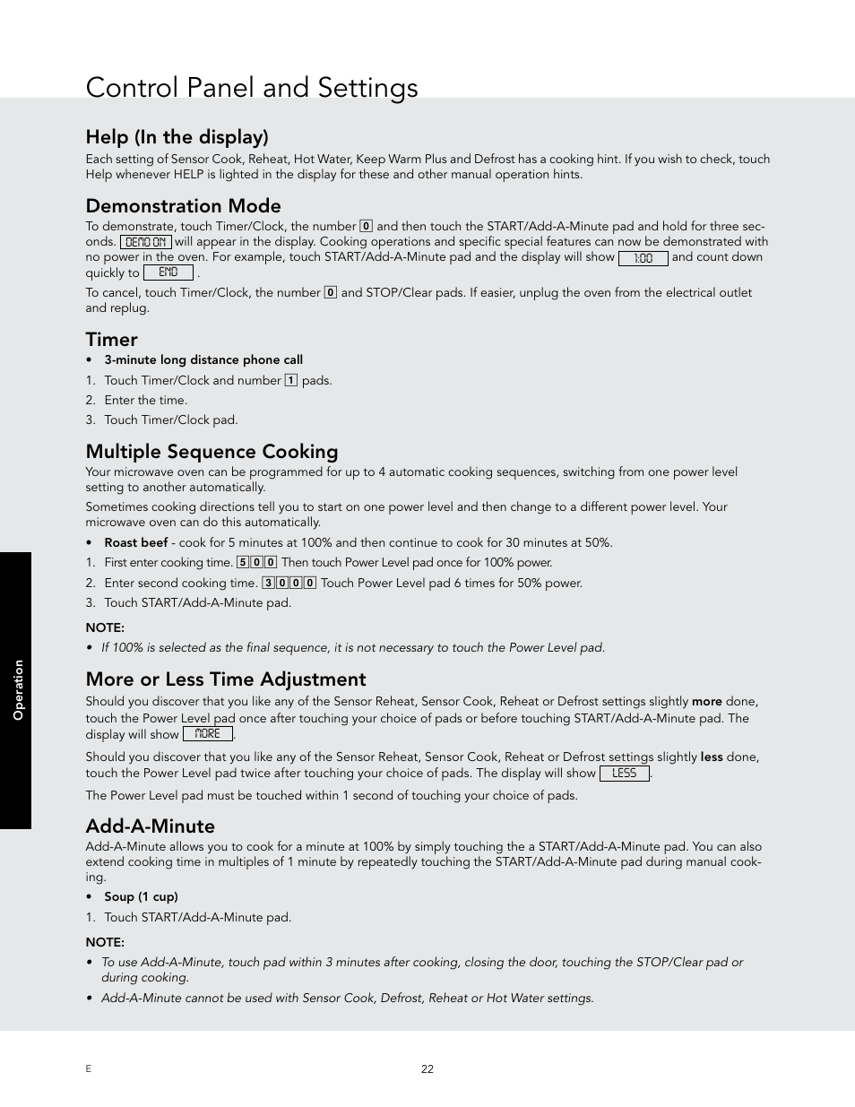 Control panel and settings, Help (in the display), Demonstration mode | Timer, Multiple sequence cooking, More or less time adjustment, Add-a-minute | Viking 24 Inch Countertop Microwave Oven Use and Care User Manual | Page 24 / 88