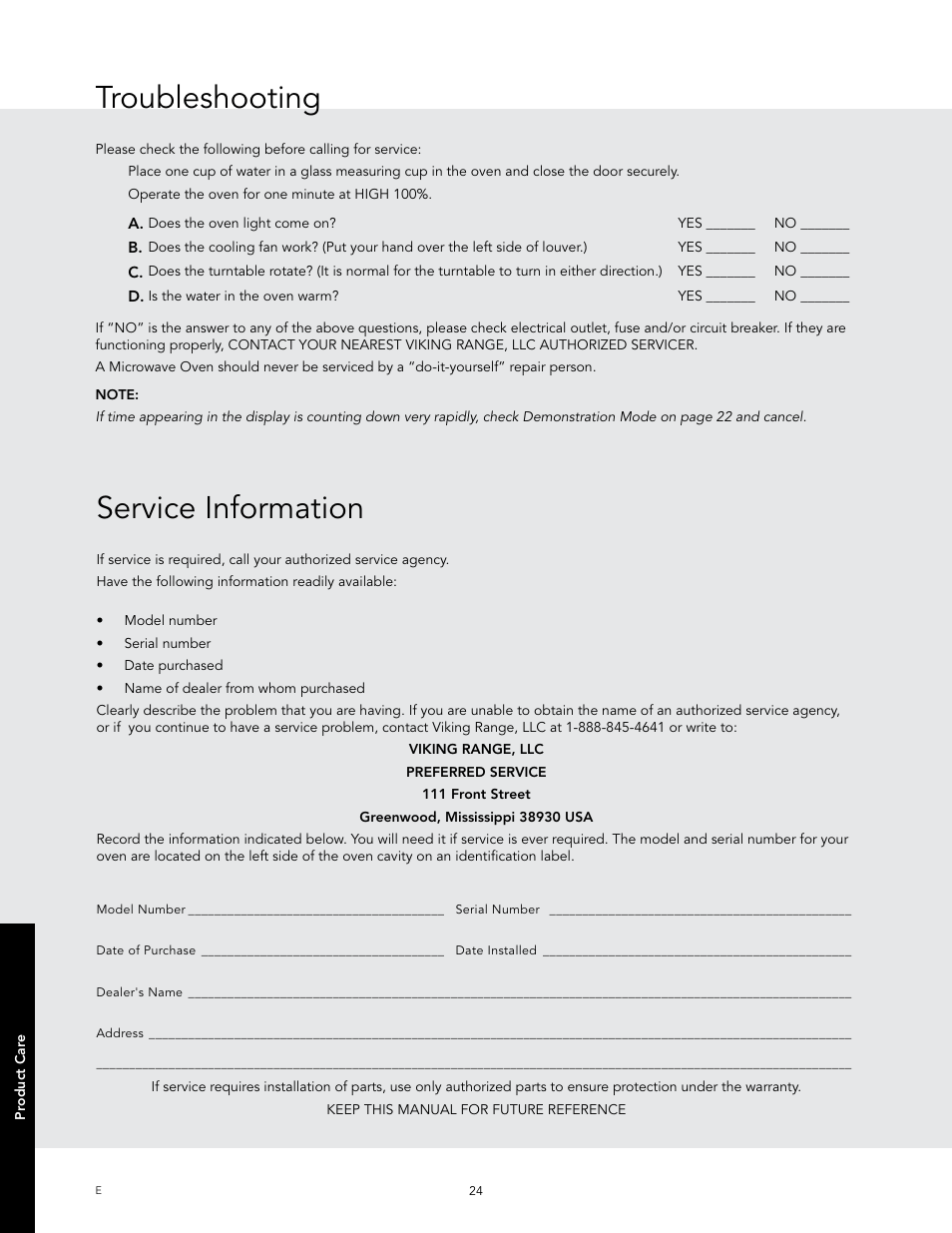 Troubleshooting, Service information | Viking 24 Inch Countertop Microwave Oven Use and Care User Manual | Page 26 / 88