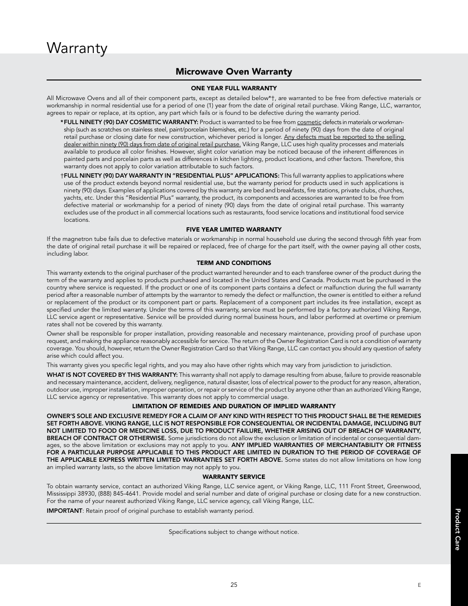 Warranty, Microwave oven warranty | Viking 24 Inch Countertop Microwave Oven Use and Care User Manual | Page 27 / 88