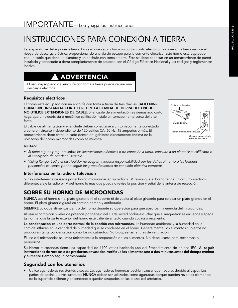 Instrucciones para conexión a tierra, Importante, Advertencia | Sobre su horno de microondas | Viking 24 Inch Countertop Microwave Oven Use and Care User Manual | Page 37 / 88