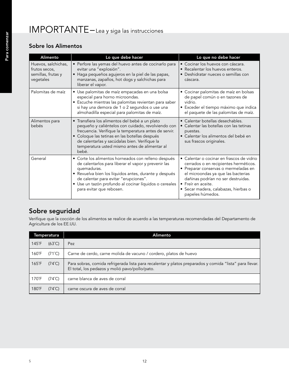 Importante, Sobre seguridad, Lea y siga las instrucciones sobre los alimentos | Viking 24 Inch Countertop Microwave Oven Use and Care User Manual | Page 40 / 88