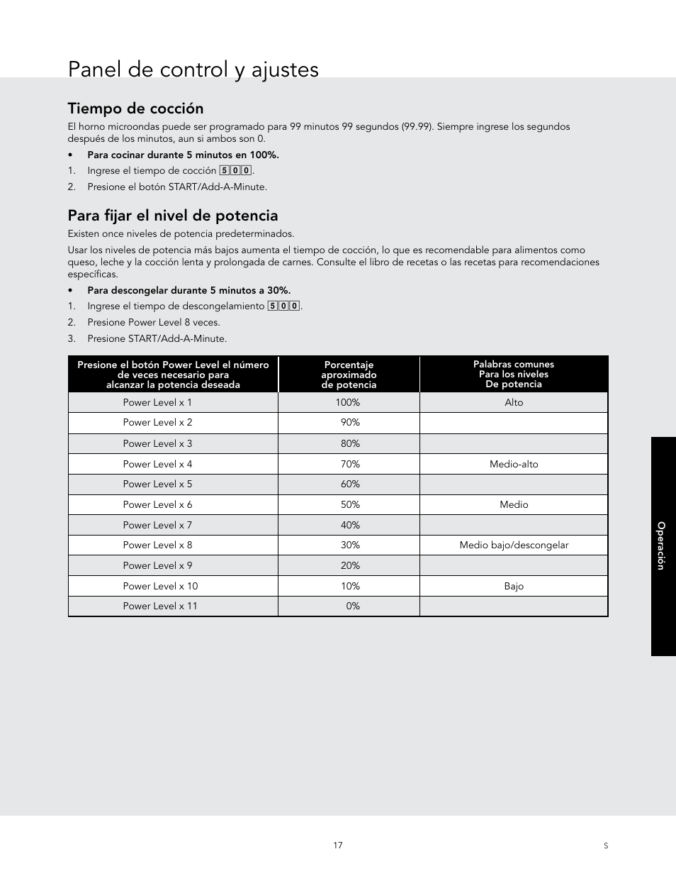 Panel de control y ajustes, Tiempo de cocción, Para fijar el nivel de potencia | Viking 24 Inch Countertop Microwave Oven Use and Care User Manual | Page 45 / 88