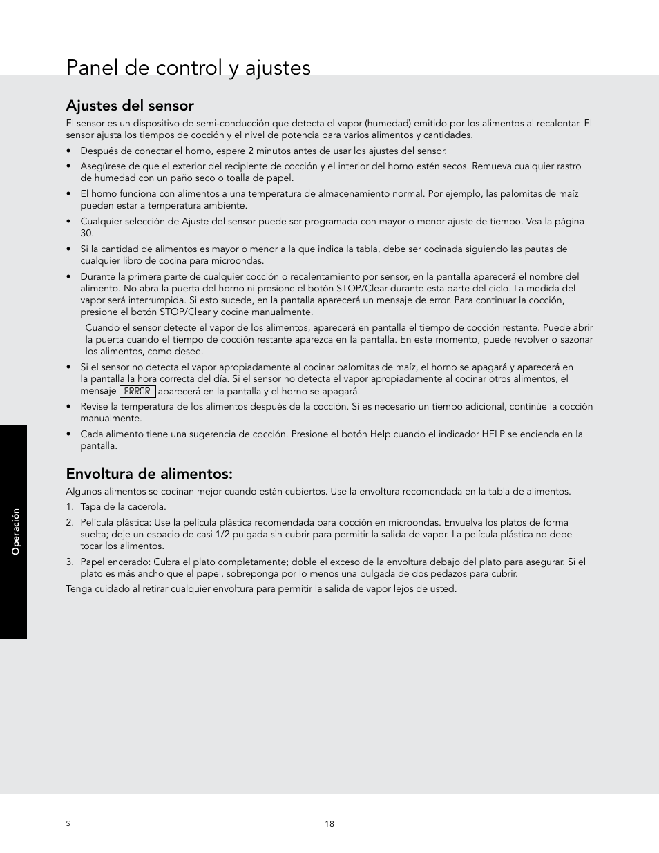 Panel de control y ajustes, Ajustes del sensor, Envoltura de alimentos | Viking 24 Inch Countertop Microwave Oven Use and Care User Manual | Page 46 / 88