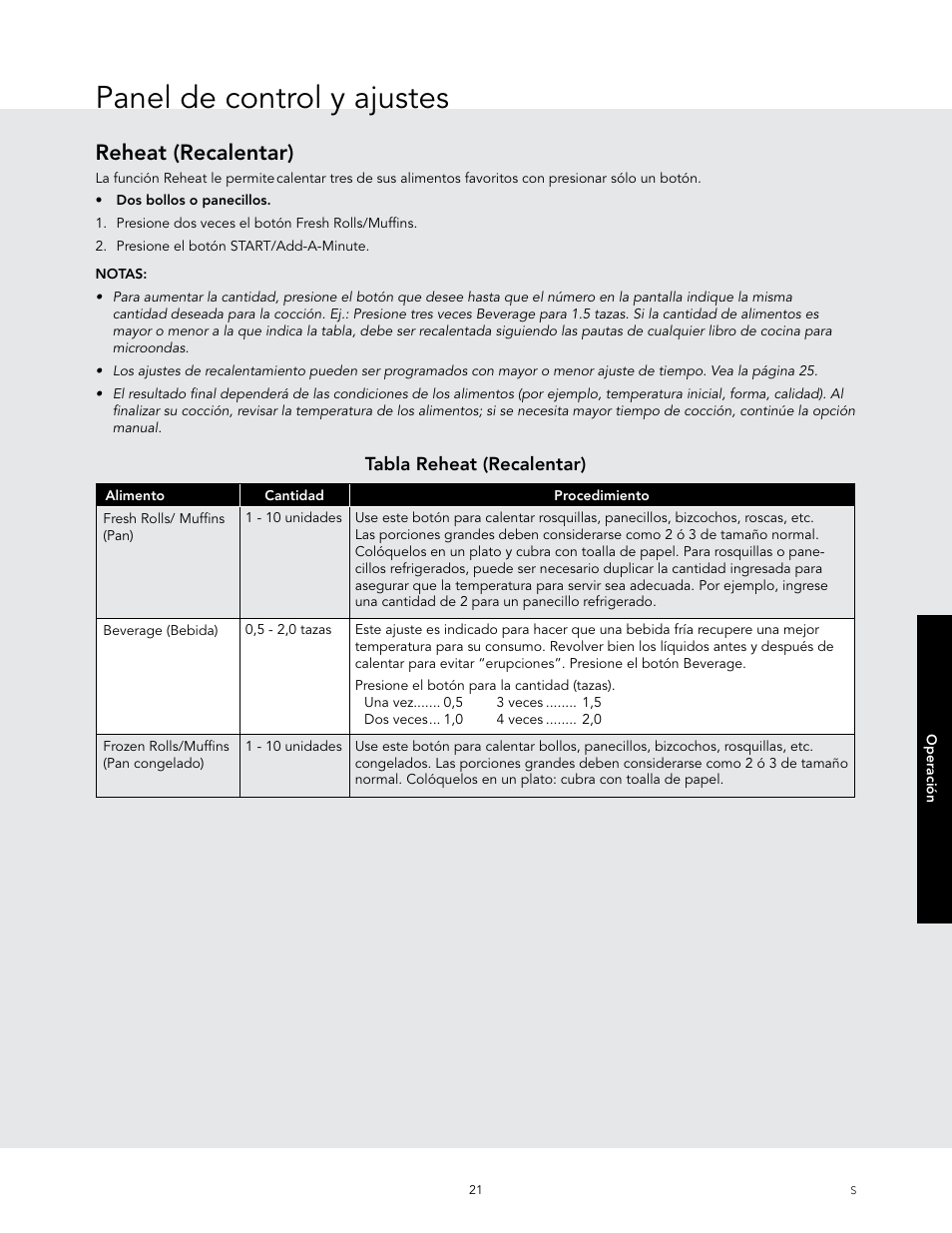 Panel de control y ajustes, Reheat (recalentar) | Viking 24 Inch Countertop Microwave Oven Use and Care User Manual | Page 49 / 88