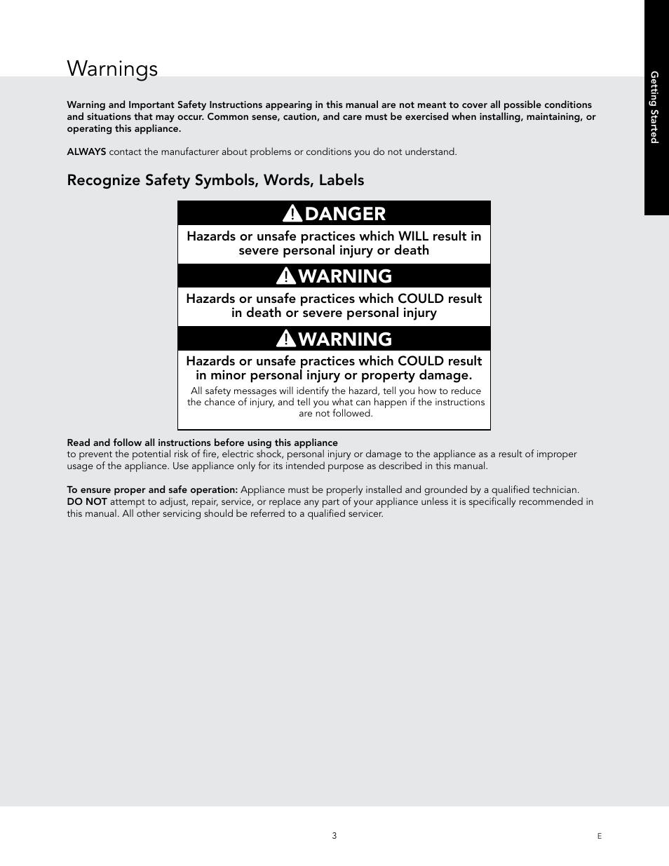 Warnings, Danger, Warning | Recognize safety symbols, words, labels | Viking 24 Inch Countertop Microwave Oven Use and Care User Manual | Page 5 / 88