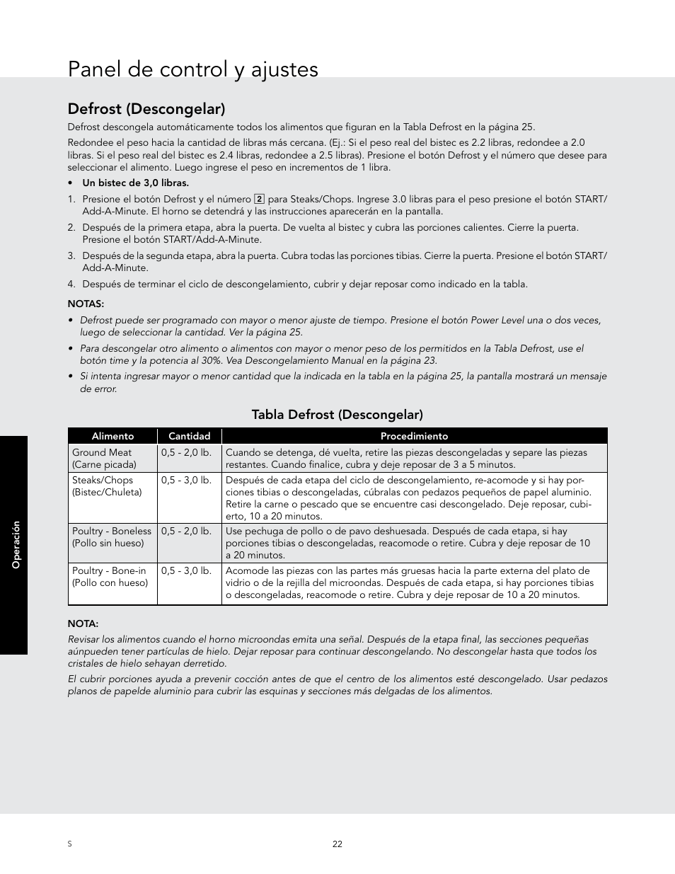 Panel de control y ajustes, Defrost (descongelar), Tabla defrost (descongelar) | Viking 24 Inch Countertop Microwave Oven Use and Care User Manual | Page 50 / 88