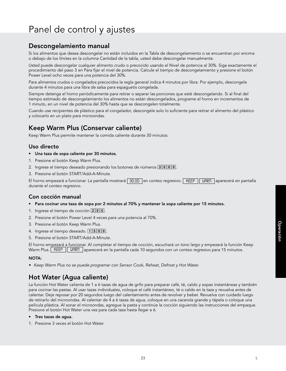 Panel de control y ajustes, Descongelamiento manual, Keep warm plus (conservar caliente) | Hot water (agua caliente) | Viking 24 Inch Countertop Microwave Oven Use and Care User Manual | Page 51 / 88