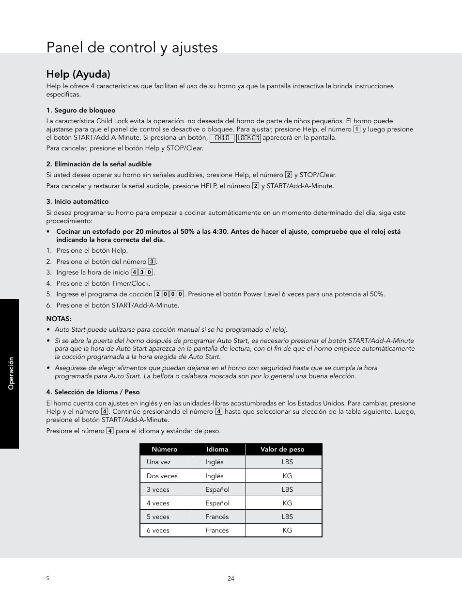 Panel de control y ajustes, Help (ayuda) | Viking 24 Inch Countertop Microwave Oven Use and Care User Manual | Page 52 / 88