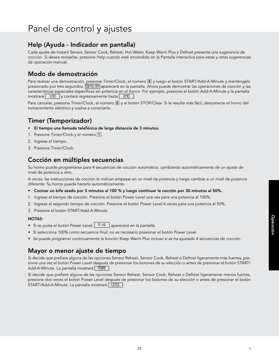 Panel de control y ajustes, Help (ayuda - indicador en pantalla), Modo de demostración | Timer (temporizador), Cocción en múltiples secuencias, Mayor o menor ajuste de tiempo | Viking 24 Inch Countertop Microwave Oven Use and Care User Manual | Page 53 / 88