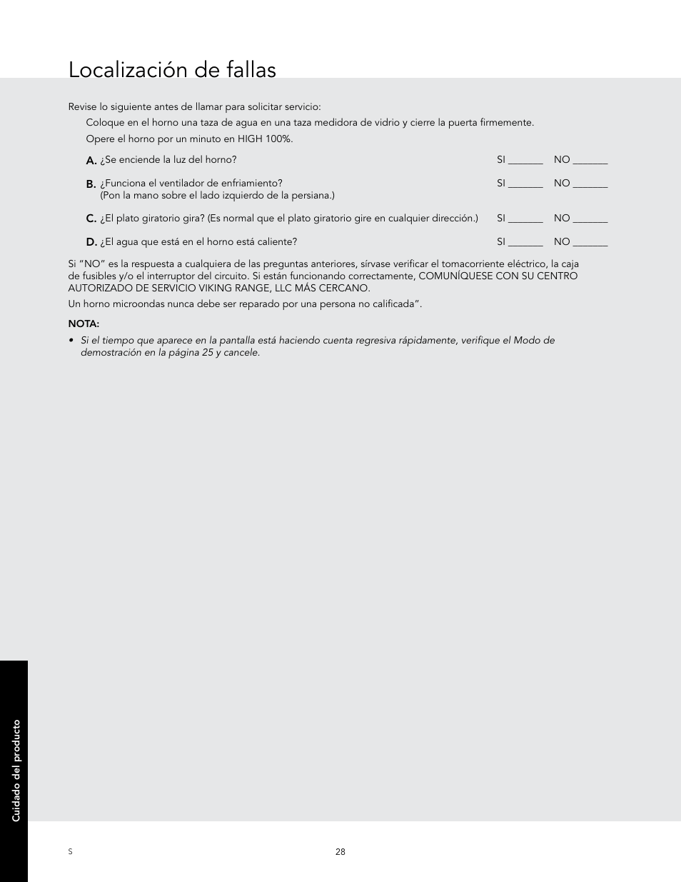 Localización de fallas | Viking 24 Inch Countertop Microwave Oven Use and Care User Manual | Page 56 / 88