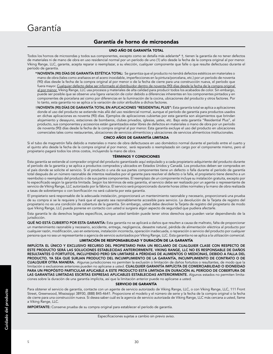 Garantía, Garantía de horno de microondas | Viking 24 Inch Countertop Microwave Oven Use and Care User Manual | Page 58 / 88