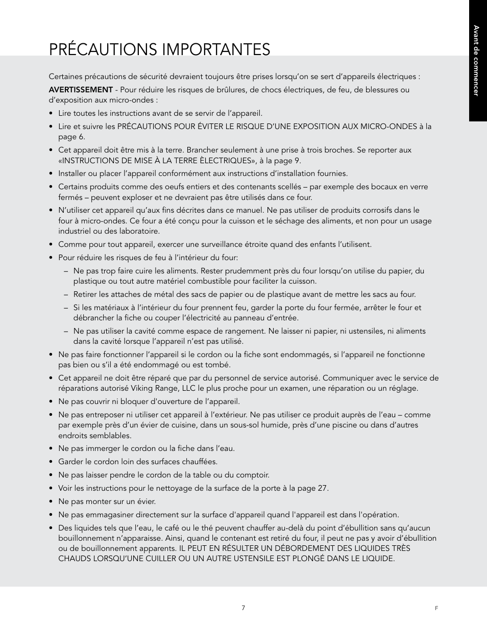 Précautions importantes | Viking 24 Inch Countertop Microwave Oven Use and Care User Manual | Page 65 / 88