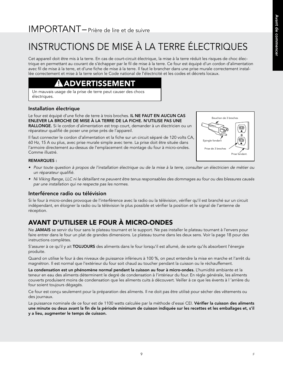 Instructions de mise à la terre électriques, Important, Advertissement | Avant d'utiliser le four à micro-ondes | Viking 24 Inch Countertop Microwave Oven Use and Care User Manual | Page 67 / 88