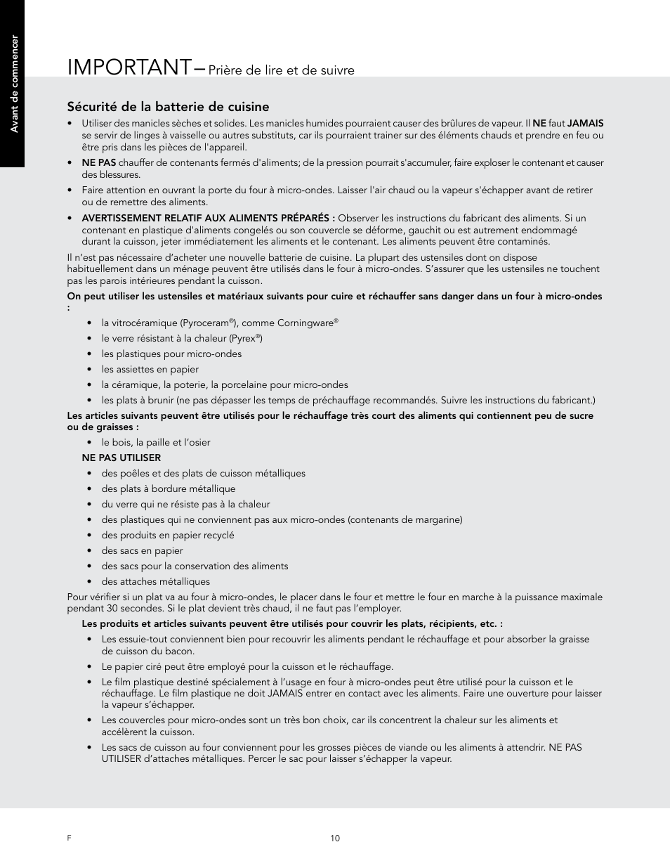 Important, Sécurité de la batterie de cuisine, Prière de lire et de suivre | Viking 24 Inch Countertop Microwave Oven Use and Care User Manual | Page 68 / 88