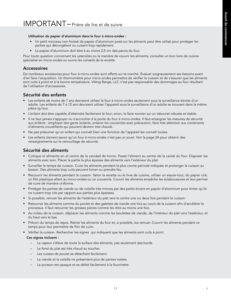 Important, Accessoires, Sécurité des enfants | Sécurité des aliments, Prière de lire et de suivre | Viking 24 Inch Countertop Microwave Oven Use and Care User Manual | Page 69 / 88