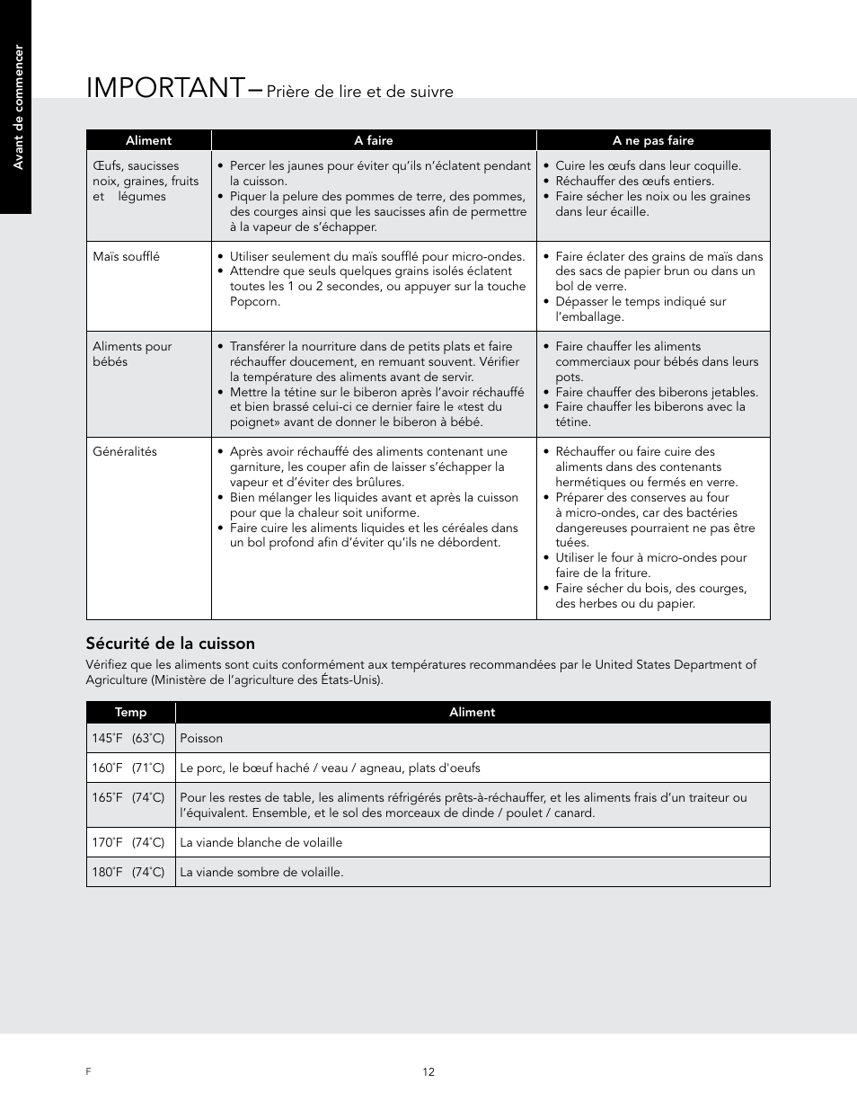 Important, Sécurité de la cuisson, Prière de lire et de suivre | Viking 24 Inch Countertop Microwave Oven Use and Care User Manual | Page 70 / 88