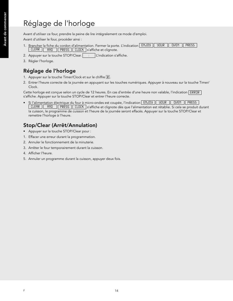 Réglage de l'horloge, Réglage de l’horloge, Stop/clear (arrêt/annulation) | Viking 24 Inch Countertop Microwave Oven Use and Care User Manual | Page 72 / 88