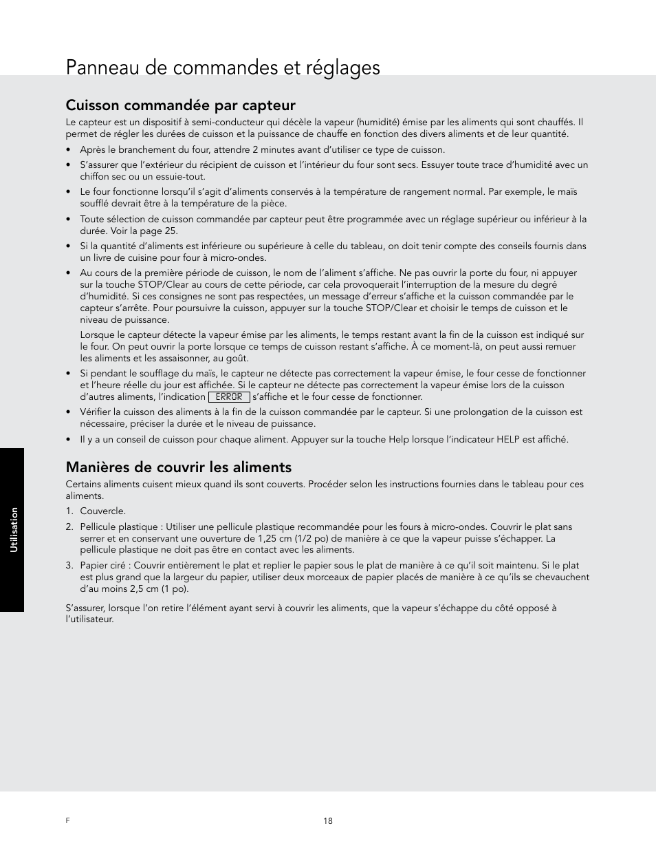 Panneau de commandes et réglages, Cuisson commandée par capteur, Manières de couvrir les aliments | Viking 24 Inch Countertop Microwave Oven Use and Care User Manual | Page 76 / 88