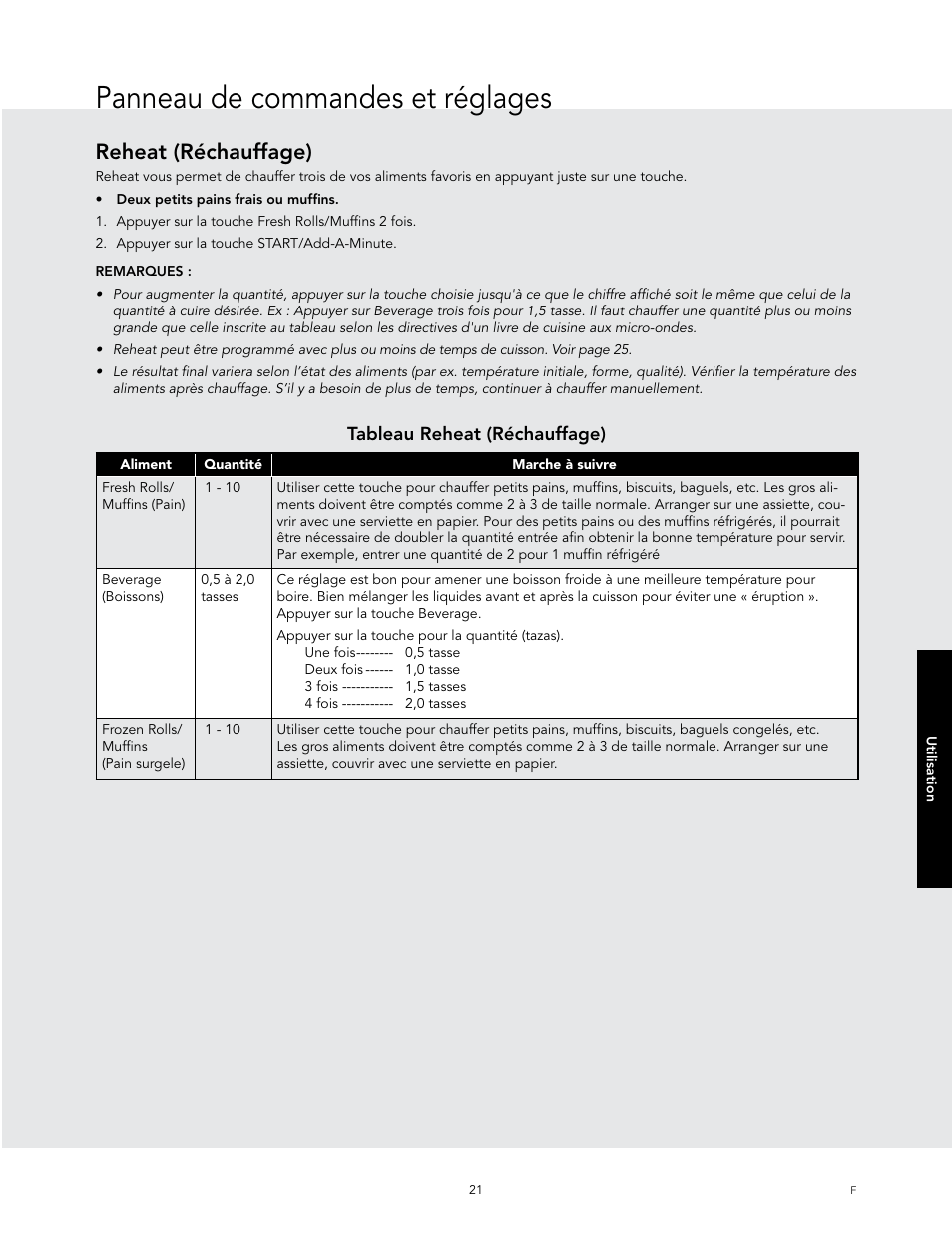 Panneau de commandes et réglages, Reheat (réchauffage), Tableau reheat (réchauffage) | Viking 24 Inch Countertop Microwave Oven Use and Care User Manual | Page 79 / 88