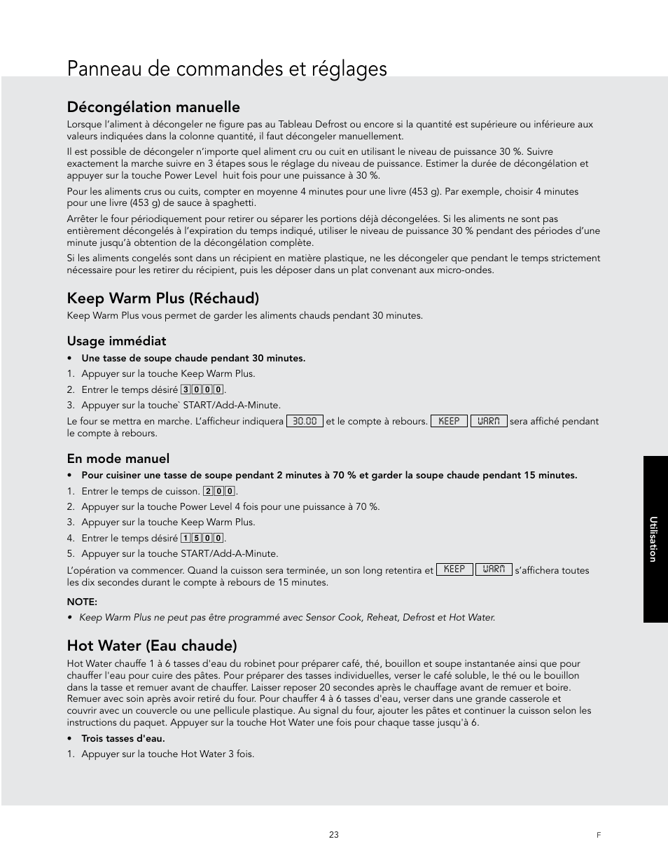 Panneau de commandes et réglages, Décongélation manuelle, Keep warm plus (réchaud) | Hot water (eau chaude) | Viking 24 Inch Countertop Microwave Oven Use and Care User Manual | Page 81 / 88