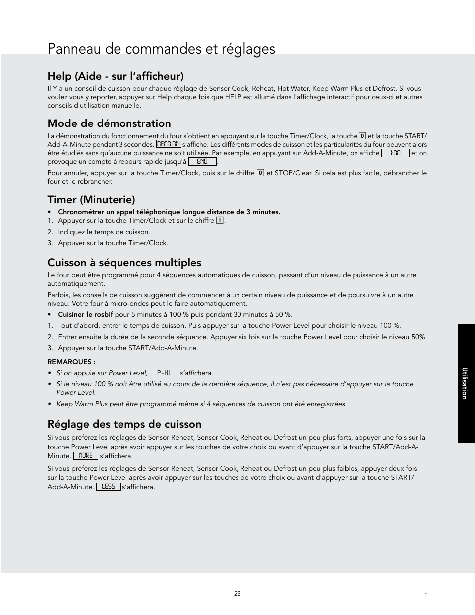 Panneau de commandes et réglages, Help (aide - sur l’afficheur), Mode de démonstration | Timer (minuterie), Cuisson à séquences multiples, Réglage des temps de cuisson | Viking 24 Inch Countertop Microwave Oven Use and Care User Manual | Page 83 / 88