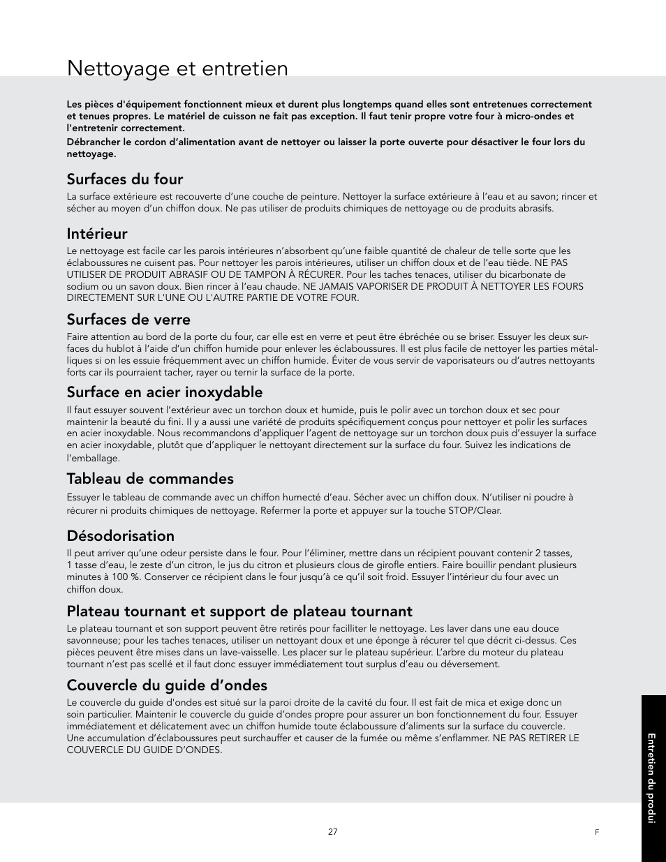 Nettoyage et entretien, Surfaces du four, Intérieur | Surfaces de verre, Surface en acier inoxydable, Tableau de commandes, Désodorisation, Plateau tournant et support de plateau tournant, Couvercle du guide d’ondes | Viking 24 Inch Countertop Microwave Oven Use and Care User Manual | Page 85 / 88