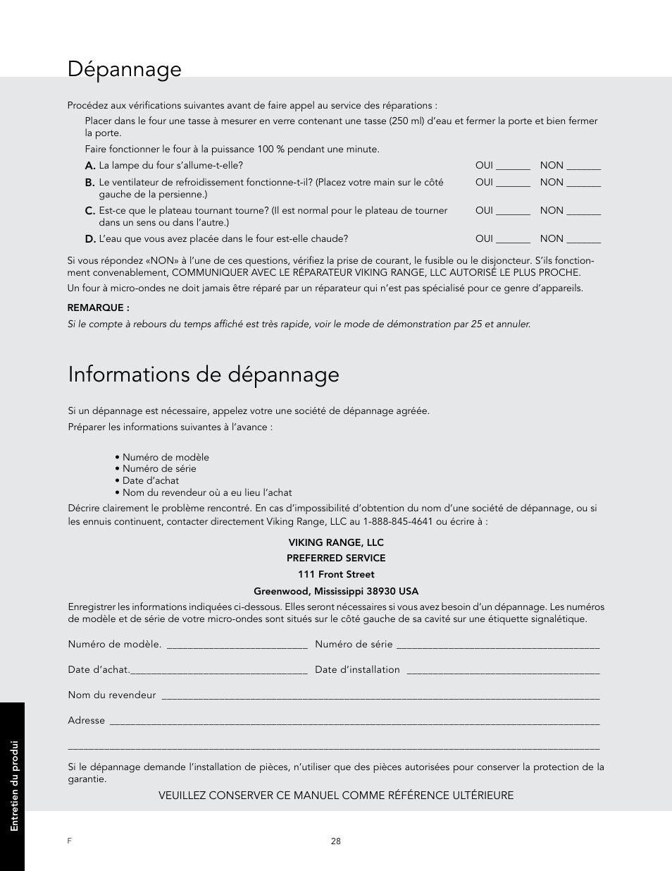 Dépannage, Informations de dépannage | Viking 24 Inch Countertop Microwave Oven Use and Care User Manual | Page 86 / 88