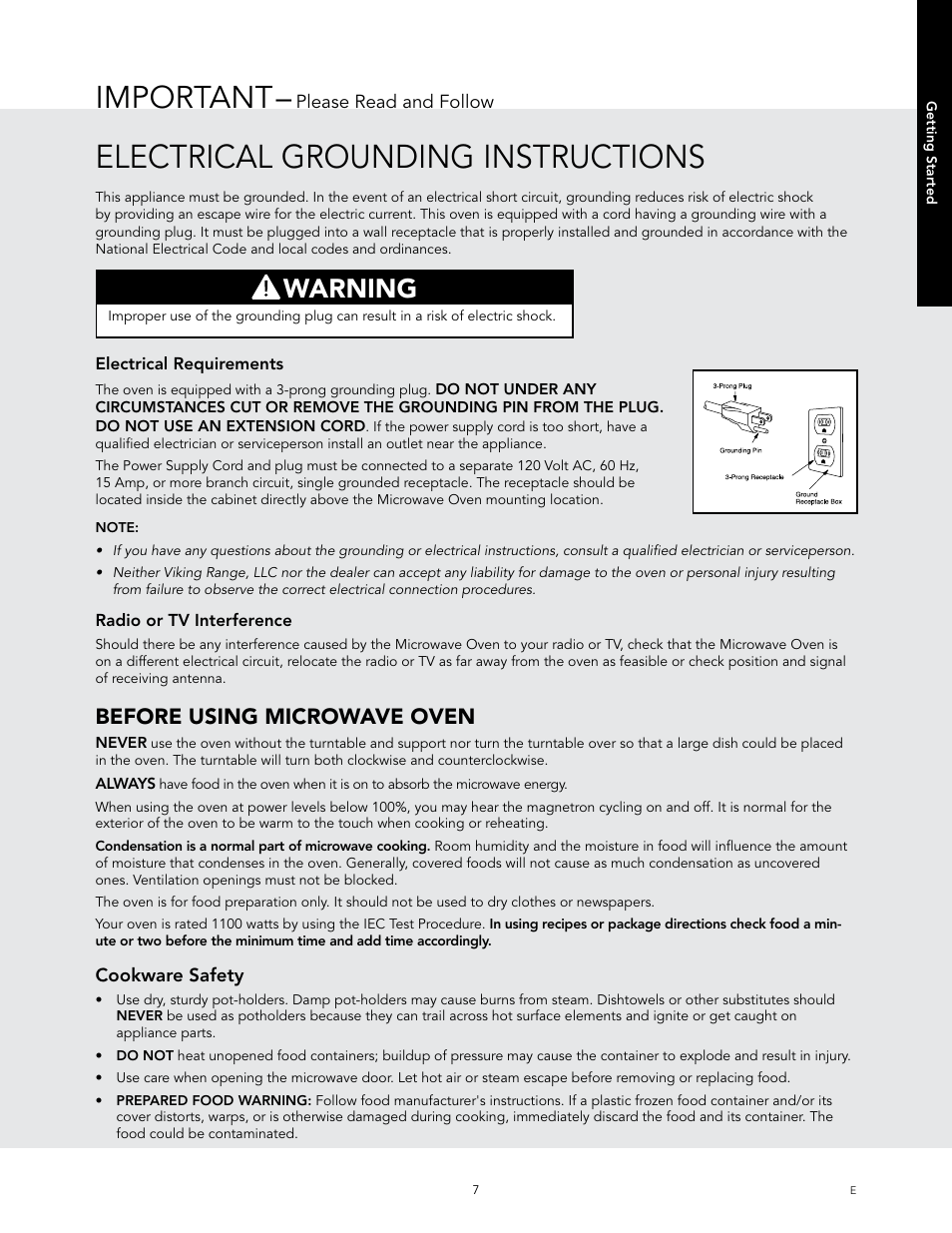 Electrical grounding instructions, Important, Warning | Before using microwave oven | Viking 24 Inch Countertop Microwave Oven Use and Care User Manual | Page 9 / 88