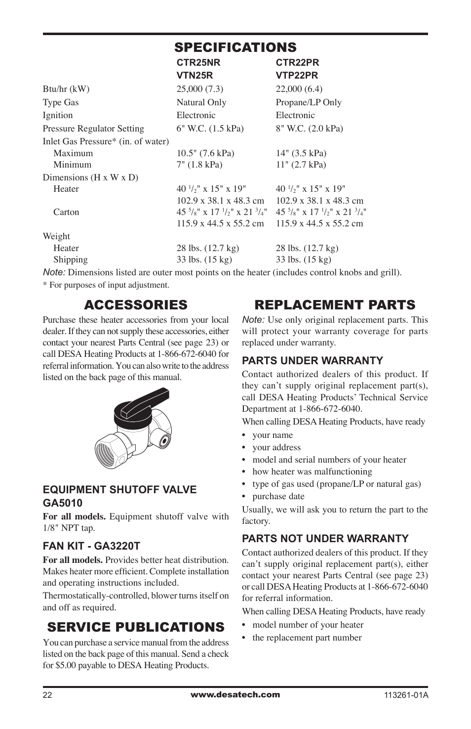 Specifications, Accessories, Service publications | Replacement parts | Desa VTN25R  ES User Manual | Page 22 / 48