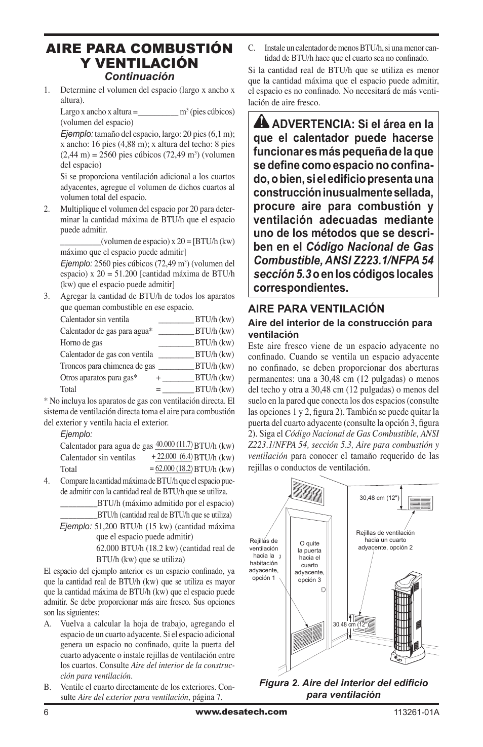 Aire para combustión y ventilación, Continuación, Aire para ventilación | Desa VTN25R  ES User Manual | Page 30 / 48