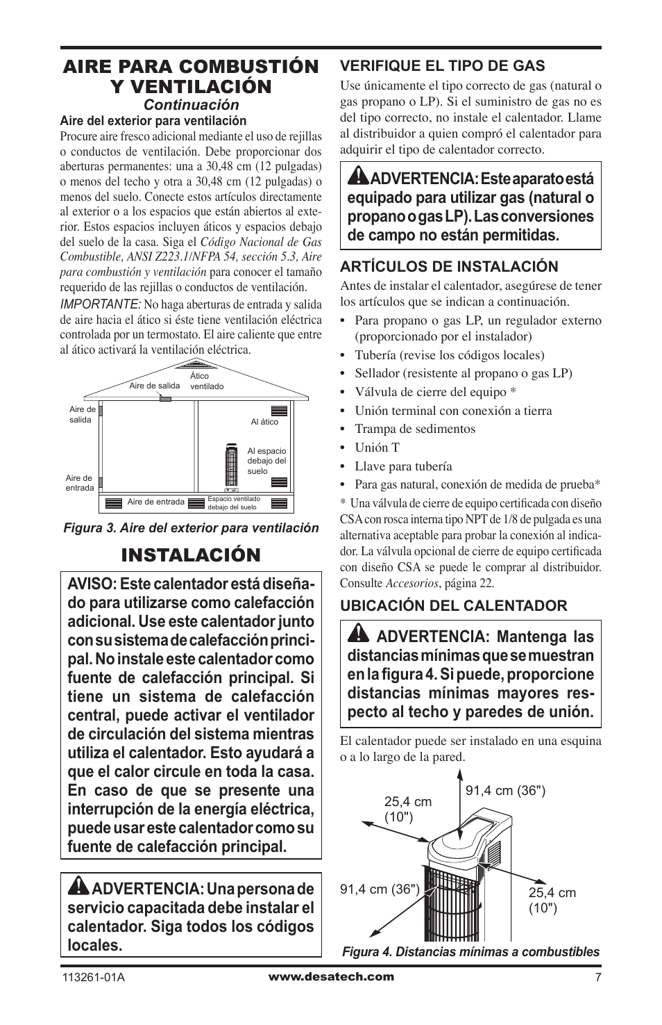 Instalación, Aire para combustión y ventilación | Desa VTN25R  ES User Manual | Page 31 / 48