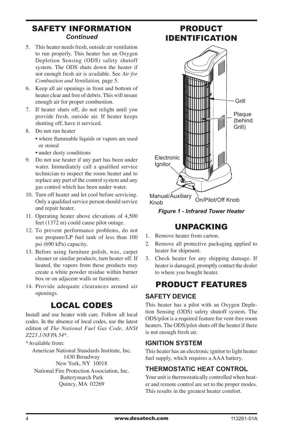 Local codes, Product identification, Unpacking | Product features, Safety information | Desa VTN25R  ES User Manual | Page 4 / 48