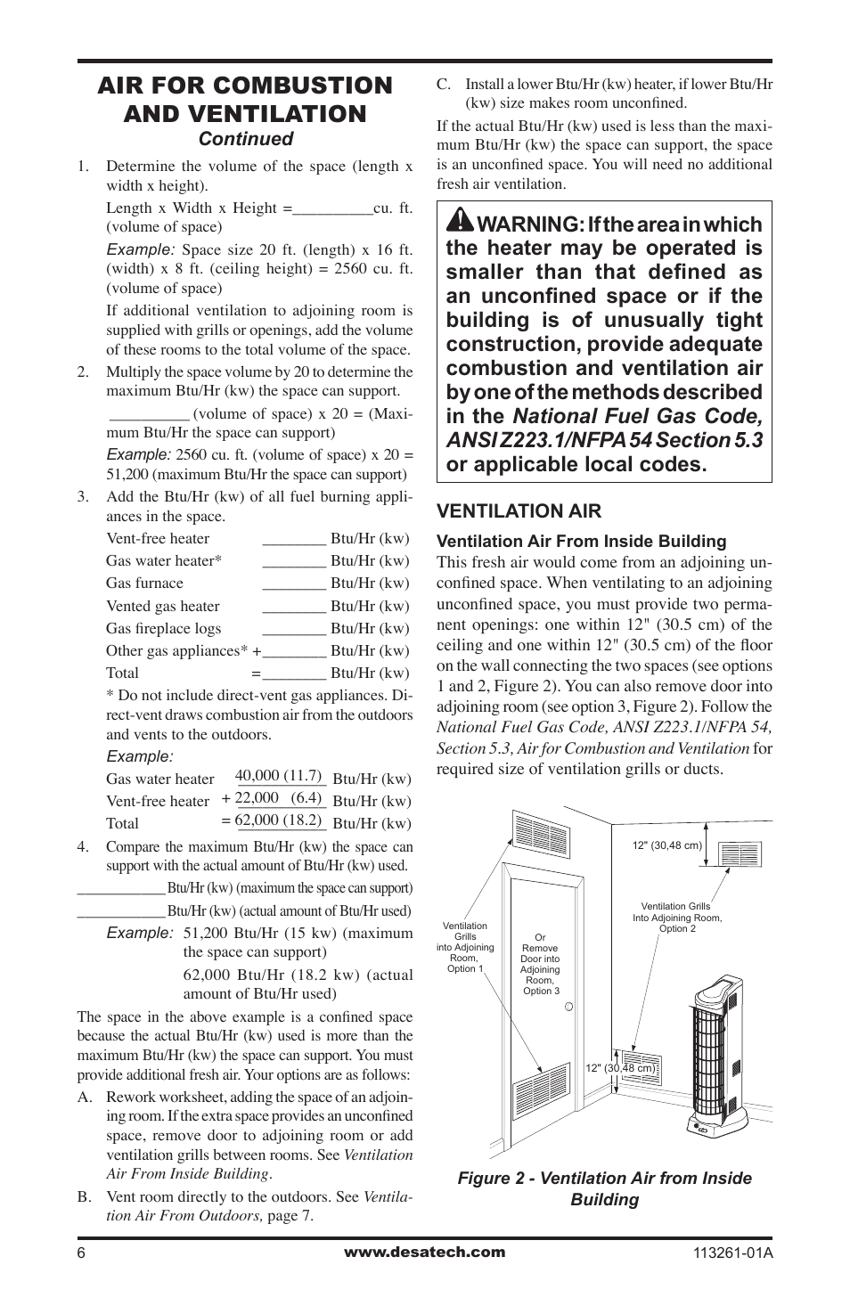 Air for combustion and ventilation | Desa VTN25R  ES User Manual | Page 6 / 48