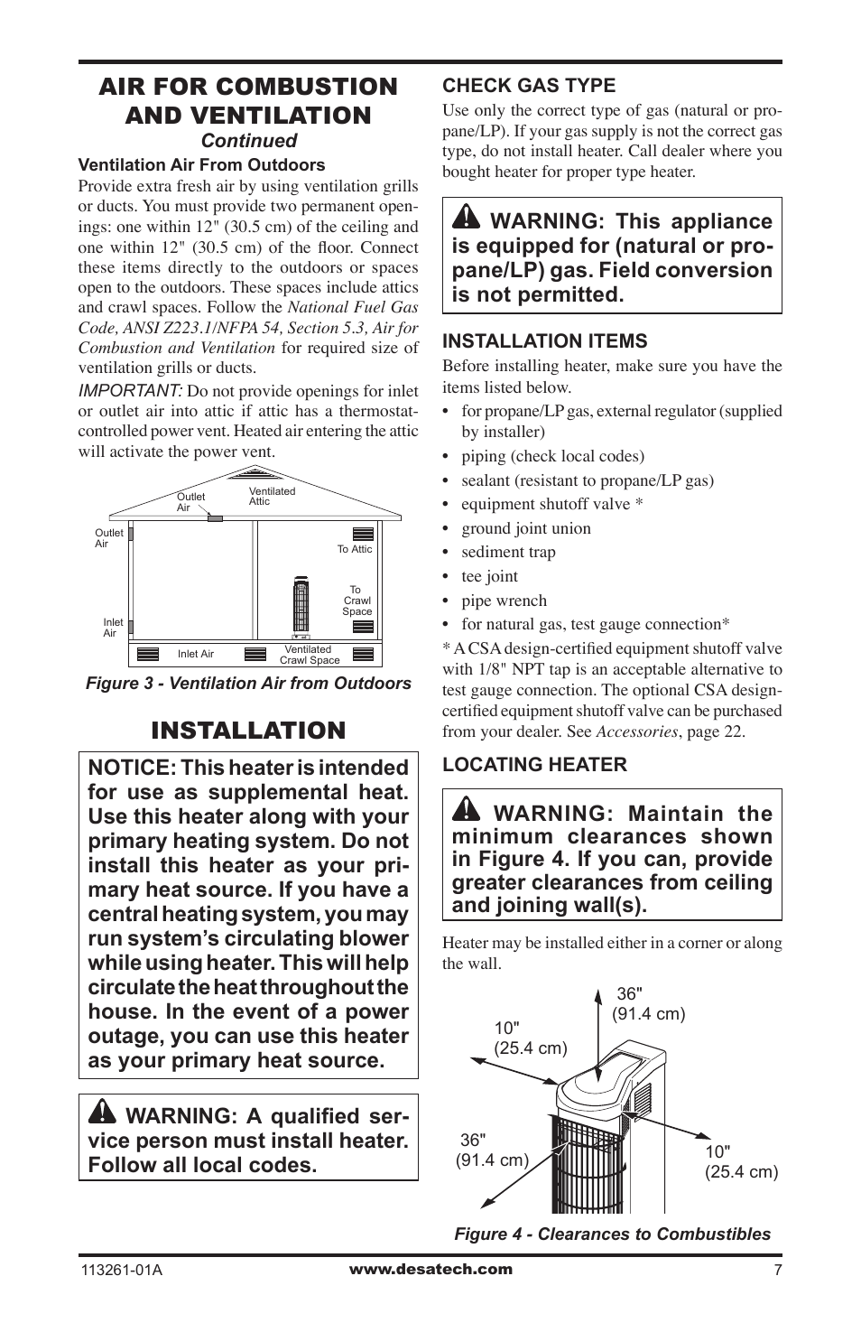 Installation, Air for combustion and ventilation | Desa VTN25R  ES User Manual | Page 7 / 48