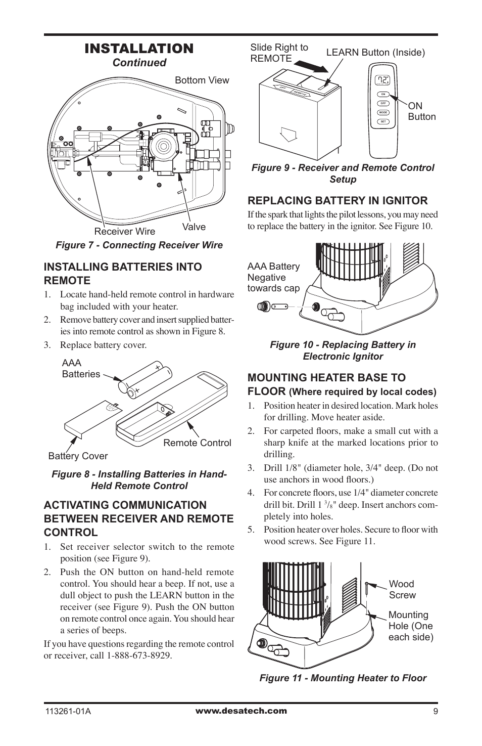 Installation, Continued installing batteries into remote, Replacing battery in ignitor | Mounting heater base to floor | Desa VTN25R  ES User Manual | Page 9 / 48