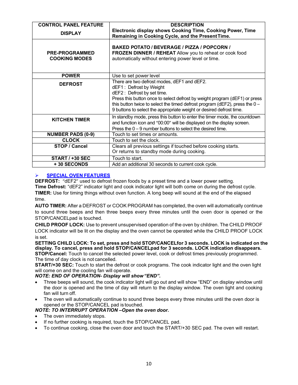 Special oven features, Note: end of operation- display will show “end, Note: to interrupt operation –open the oven door | Avanti 18 Inch Countertop Microwave Oven Instruction Guide User Manual | Page 10 / 48