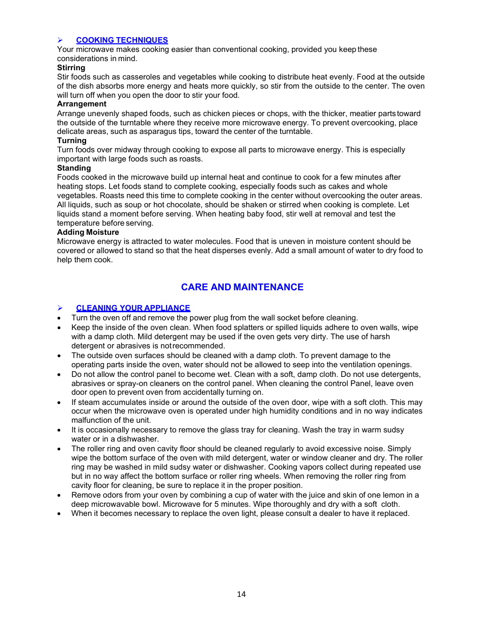 Cooking techniques, Stirring, Arrangement | Turning, Standing, Adding moisture, Care and maintenance, Cleaning your appliance | Avanti 18 Inch Countertop Microwave Oven Instruction Guide User Manual | Page 14 / 48