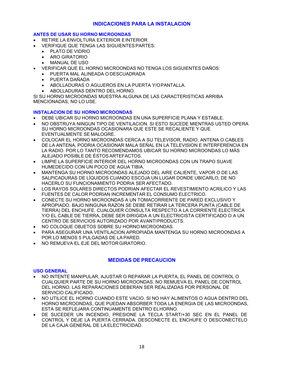 Indicaciones para la instalacion, Antes de usar su horno microondas, Instalacion de su horno microondas | Medidas de precaucion, Uso general | Avanti 18 Inch Countertop Microwave Oven Instruction Guide User Manual | Page 18 / 48