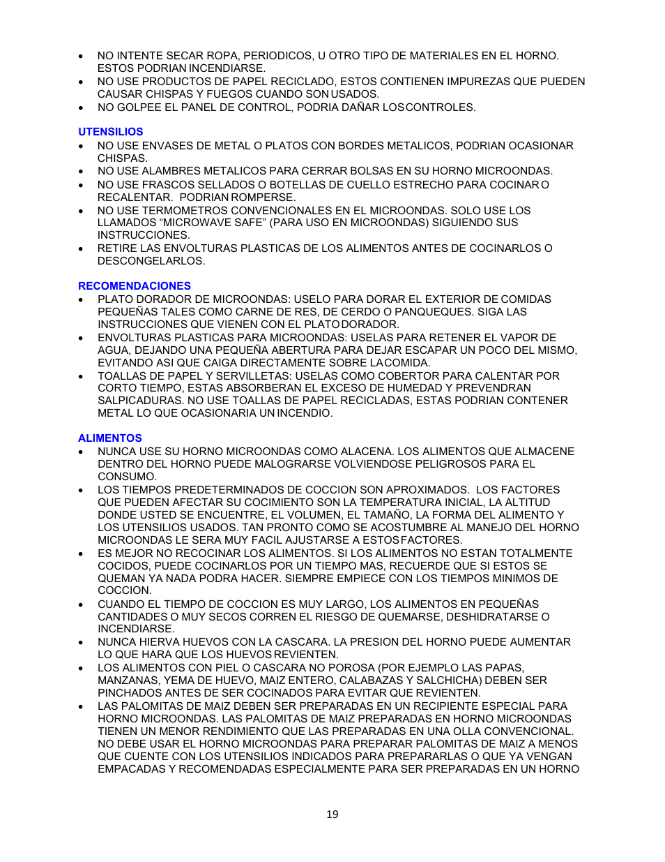 Utensilios, Recomendaciones, Alimentos | Avanti 18 Inch Countertop Microwave Oven Instruction Guide User Manual | Page 19 / 48