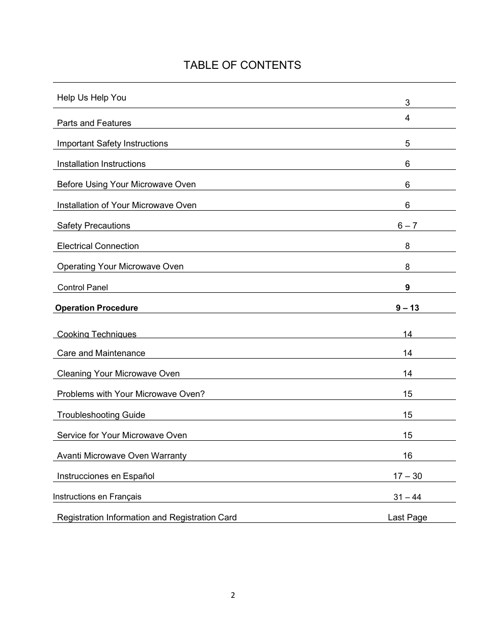 Avanti 18 Inch Countertop Microwave Oven Instruction Guide User Manual | Page 2 / 48