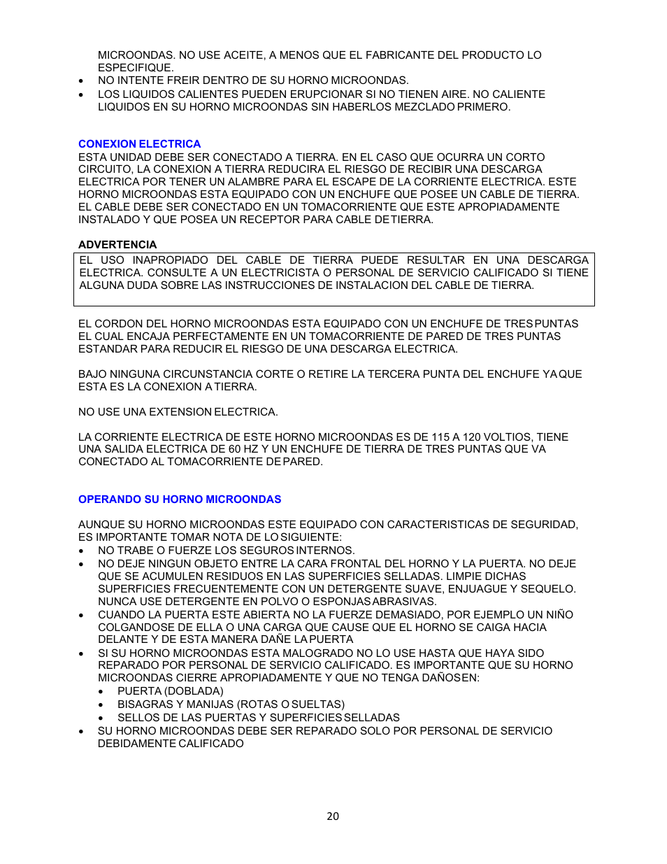 Conexion electrica, Advertencia, Operando su horno microondas | Avanti 18 Inch Countertop Microwave Oven Instruction Guide User Manual | Page 20 / 48