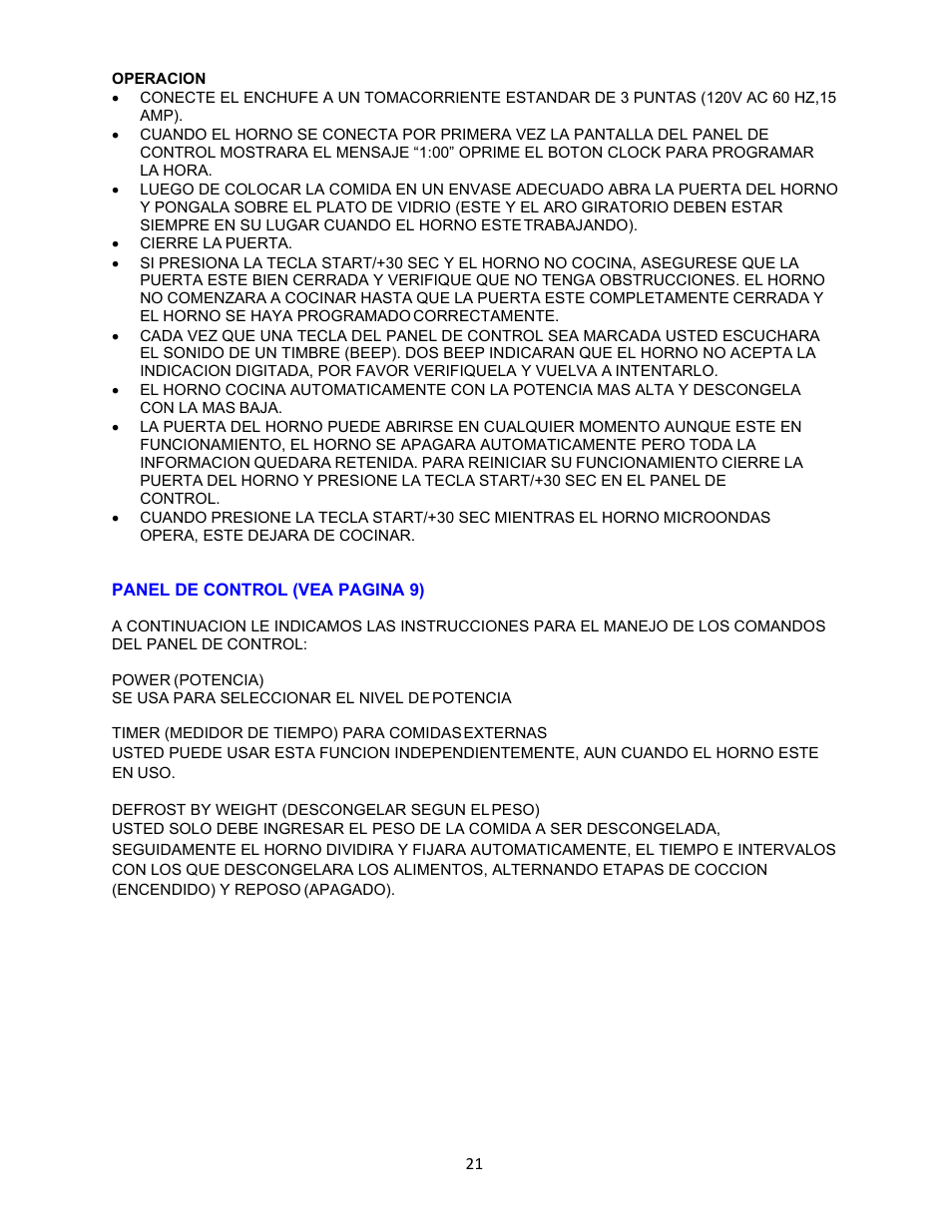 Operacion | Avanti 18 Inch Countertop Microwave Oven Instruction Guide User Manual | Page 21 / 48