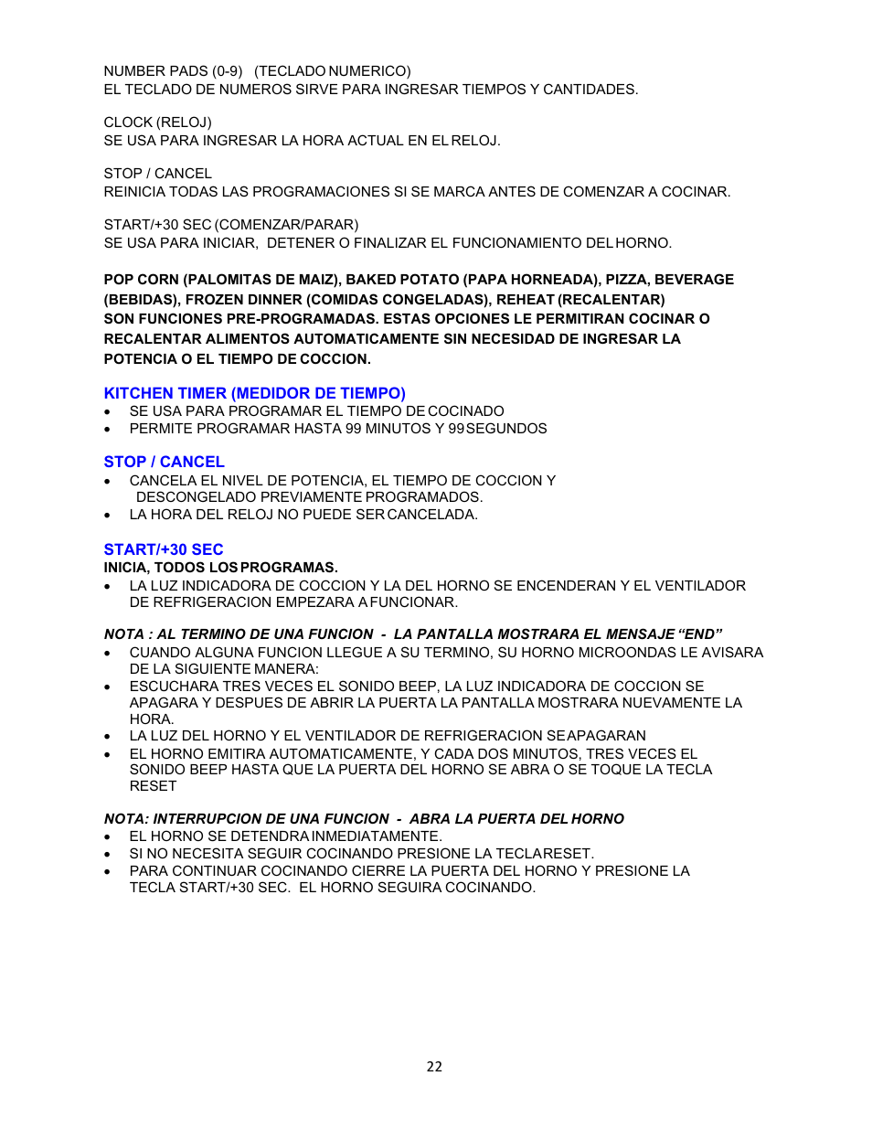 Stop / cancel, Start/+30 sec, Inicia, todos los programas | Avanti 18 Inch Countertop Microwave Oven Instruction Guide User Manual | Page 22 / 48